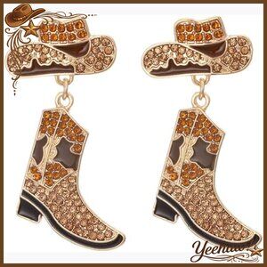 Western Boots Drop Dangle Earrings Crystal Cowgirl Alloy Screw Back